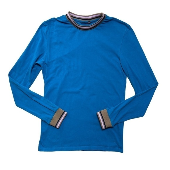 Asos Design Blue w Striped Detailing Mock Neck Long Sleeve Top US L - Picture 1 of 8
